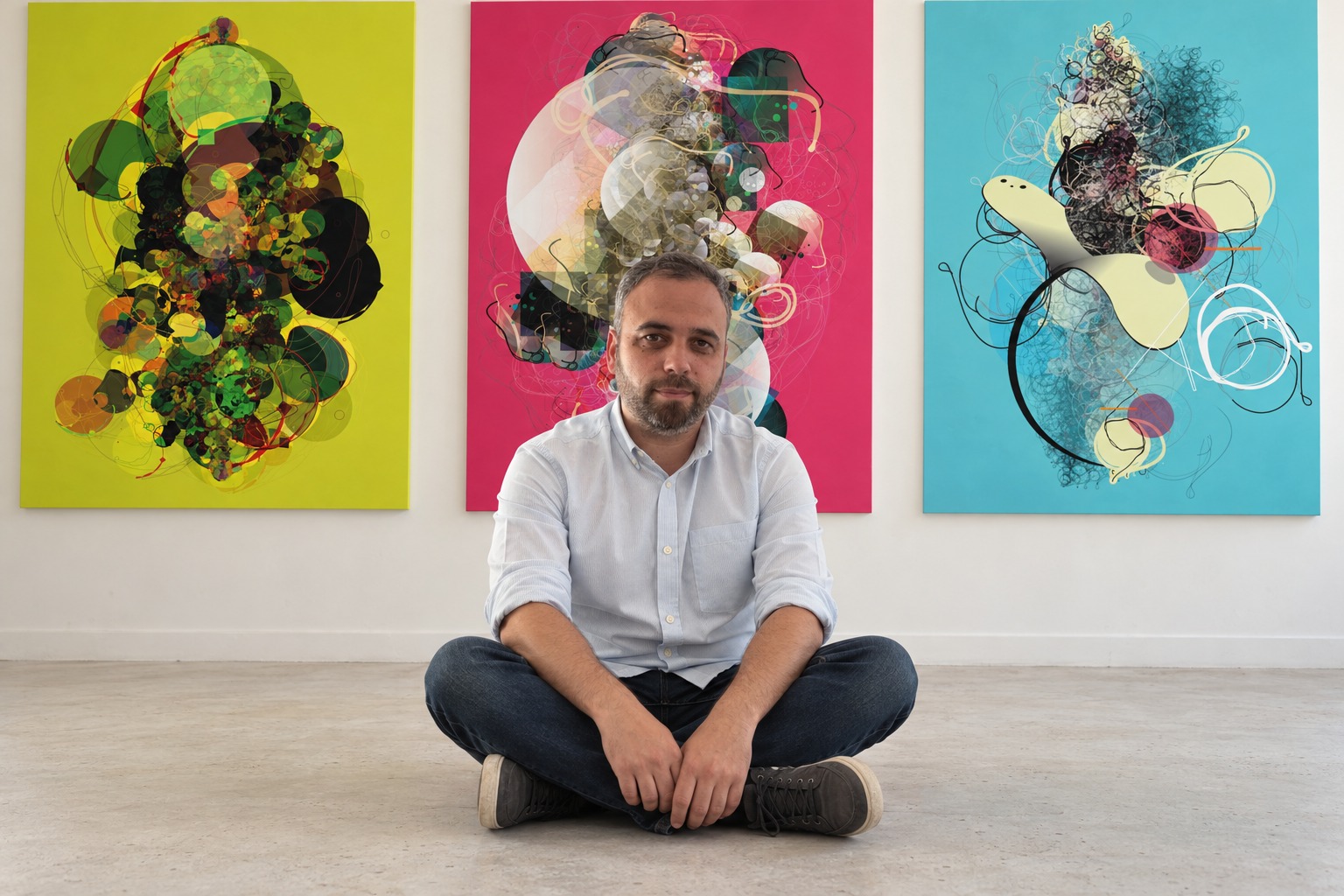 Pedro Palrão seated on the floor in front of three large artworks